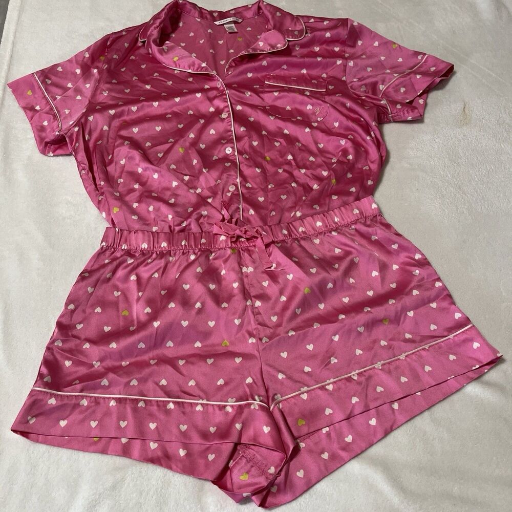 Victoria’s Secret Womens Pajama Short Shirt Set XL Pink Hearts Valentine